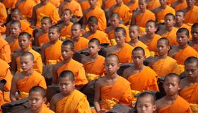 Little Buddhist Monks at study at the Temple, Thailand